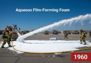 Firefighters applying aqueous film-forming foam during training for Class B fire suppression.