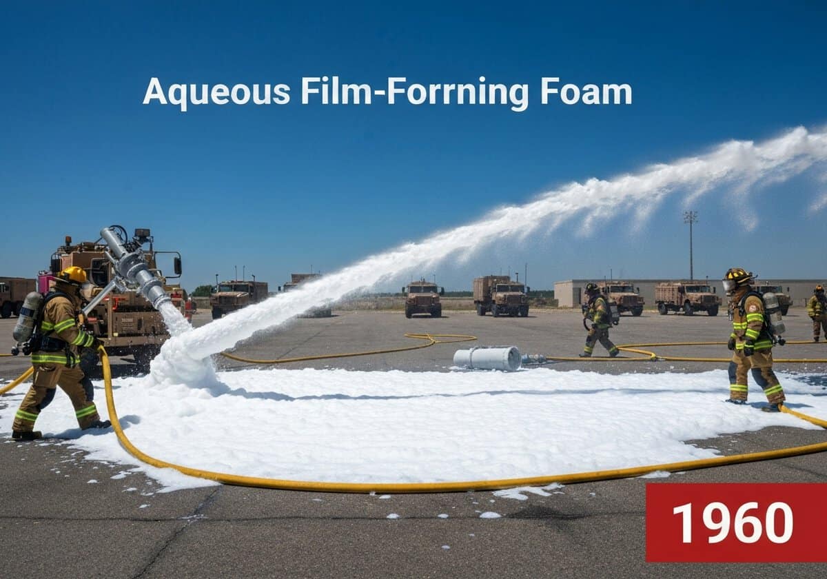 Firefighters applying aqueous film-forming foam during training for Class B fire suppression.