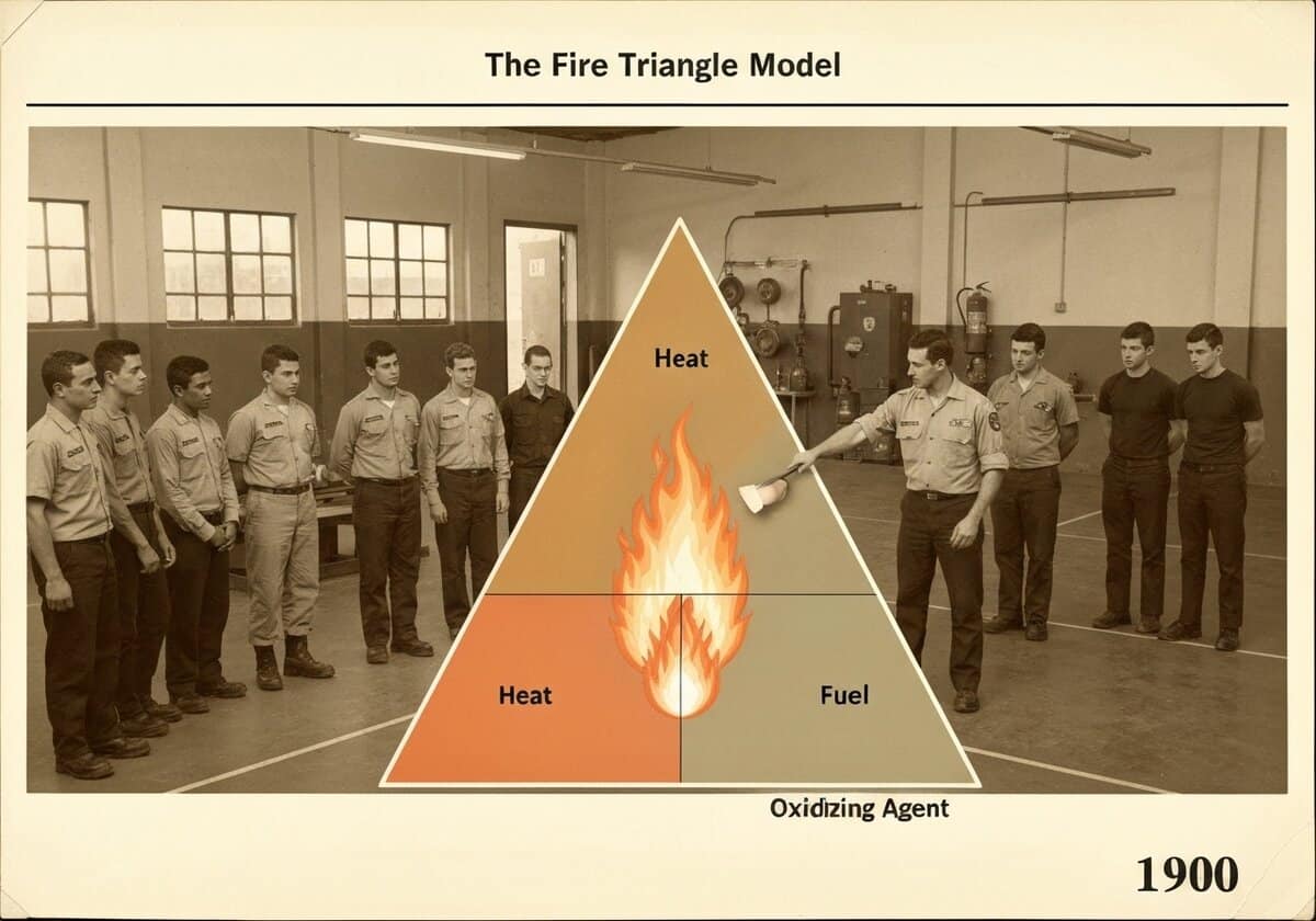 Fire Triangle Model in a fire safety training session, highlighting heat, fuel, and oxidizing agent.