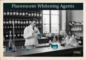 Laboratory scene with chemist measuring fluorescent whitening agents in physical chemistry.