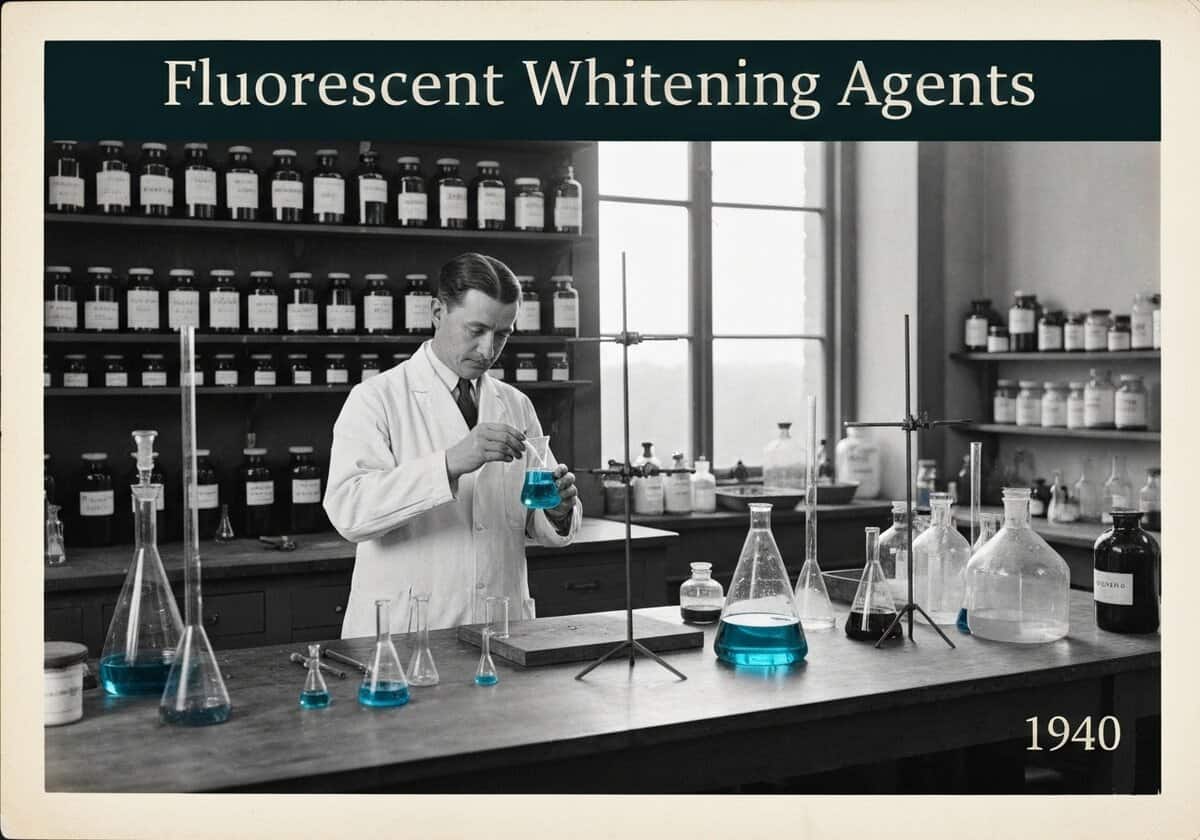 Laboratory scene with chemist measuring fluorescent whitening agents in physical chemistry.