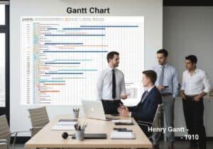 Gantt chart in a modern office workspace for project management.