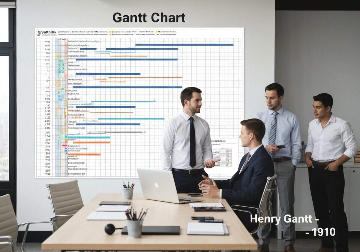 Gantt chart in a modern office workspace for project management.