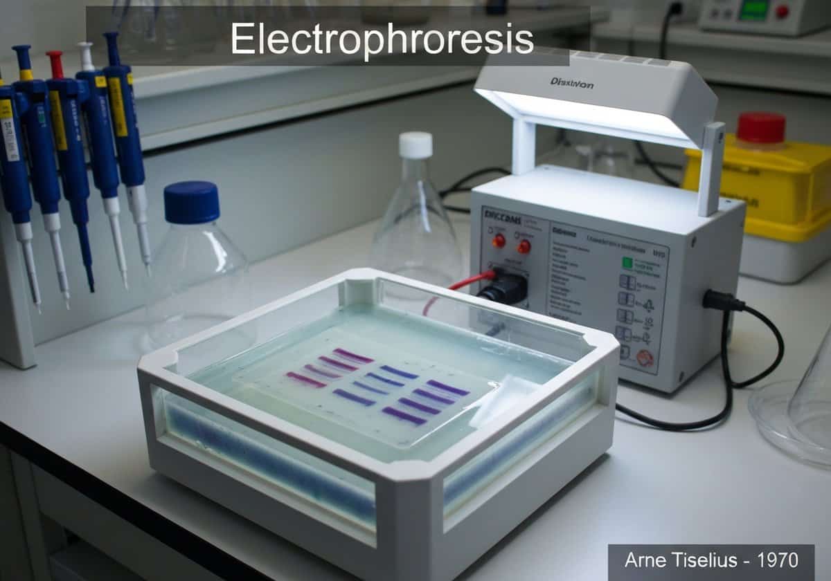 Aparelho de eletroforese em gel de laboratório que separa amostras de DNA por tamanho.