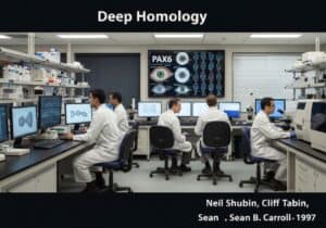 Escena de laboratorio que muestra la investigación genética sobre el gen PAX6 en genética evolutiva.