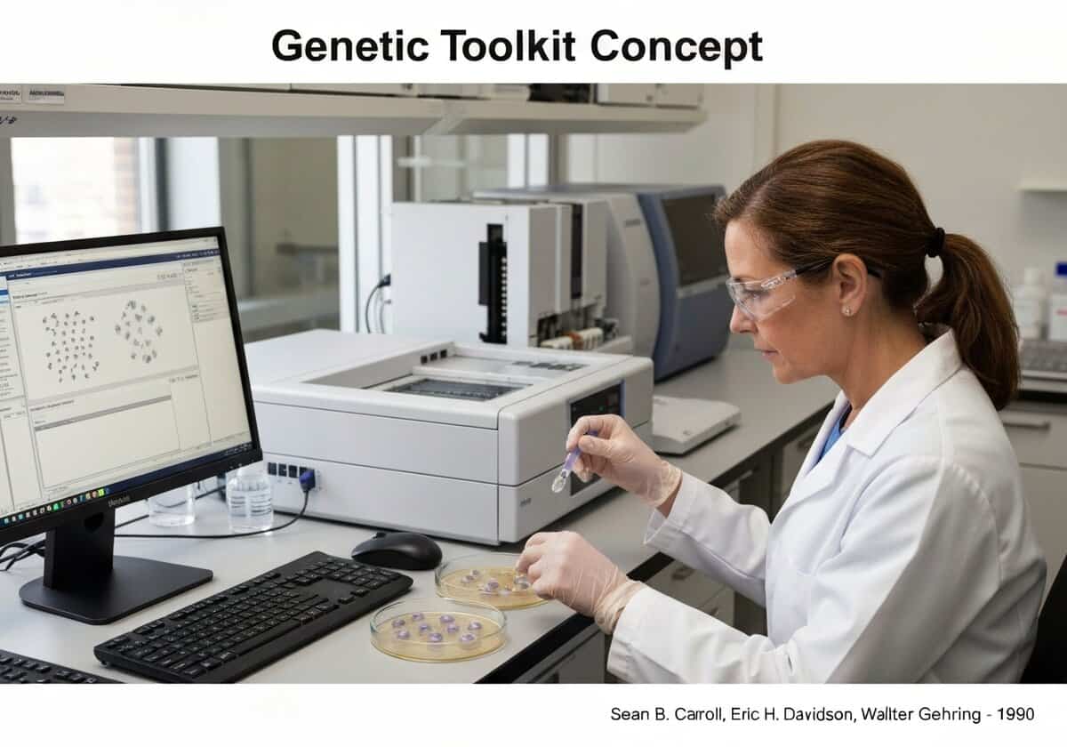 Researcher studying embryos in a lab, focusing on genetic toolkit applications in developmental genetics.