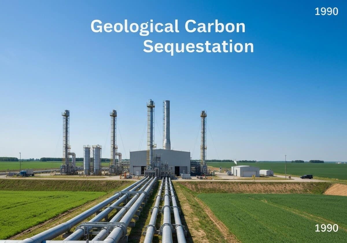 Geological carbon sequestration site with injection wells and pipelines for CO2 storage.