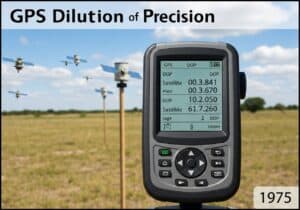 GPS receiver in surveying context showing satellite signals and DOP values.