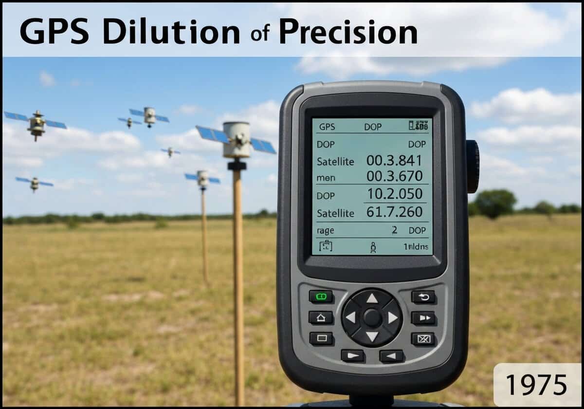 GPS receiver in surveying context showing satellite signals and DOP values.