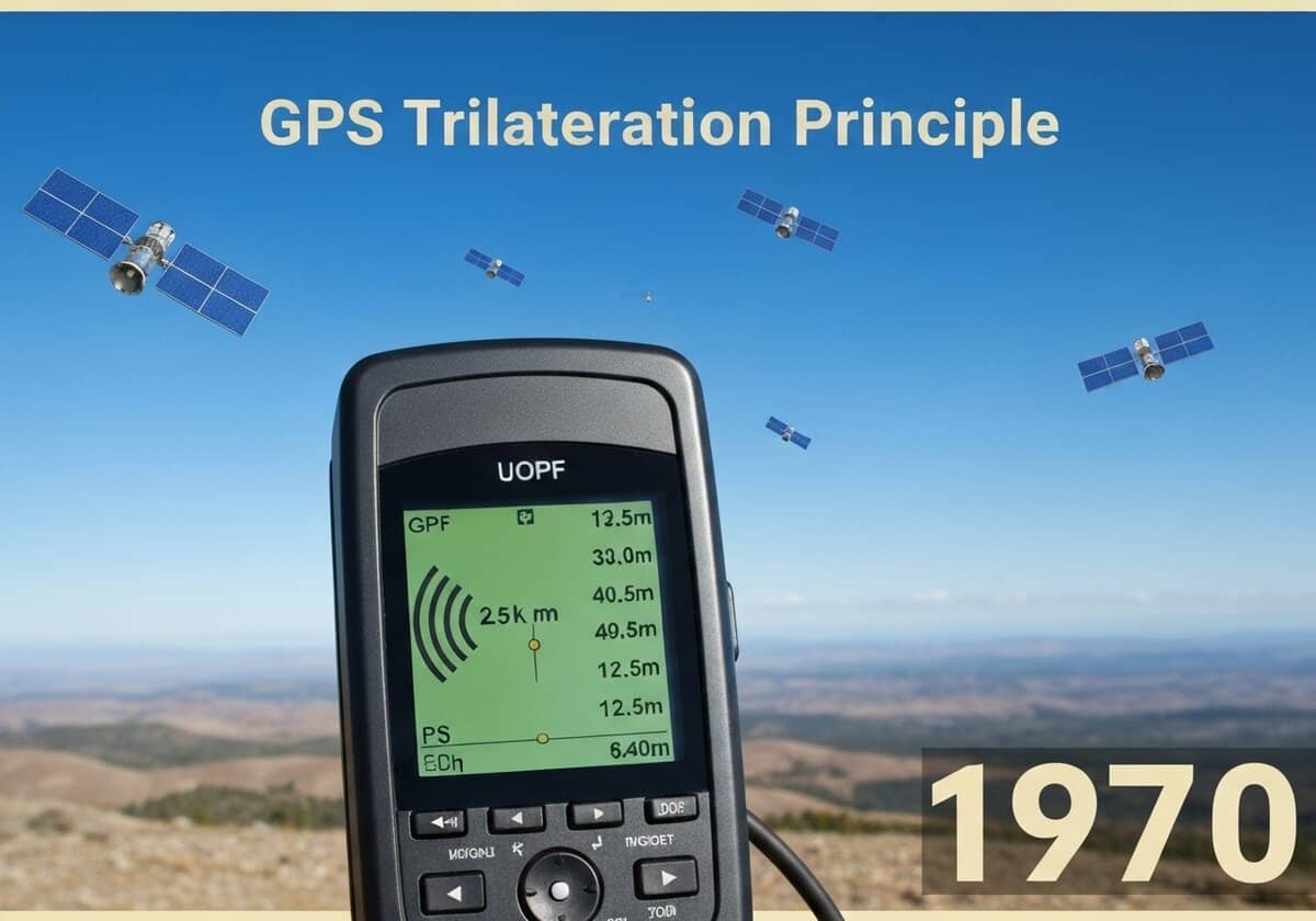 GPS receiver displaying satellite signals and distance measurements in radio-wave physics.