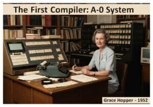 Grace Hopper working on the A-0 System compiler in a 1950s office.