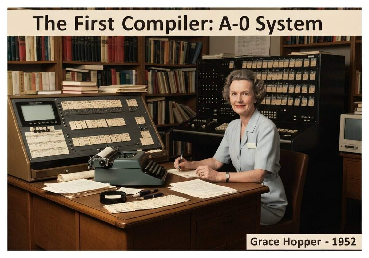 Grace Hopper working on the A-0 System compiler in a 1950s office.
