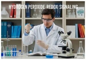 Experimento de laboratorio con peróxido de hidrógeno en biología celular para vías de señalización redox.