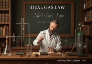 19th-century chemist measuring gas volumes illustrating the Ideal Gas Law in thermodynamics.