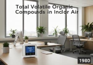 Indoor air quality monitoring equipment measuring Total Volatile Organic Compounds in an office.