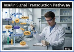 Laboratory scene depicting insulin signal transduction pathway with receptor and downstream effects.