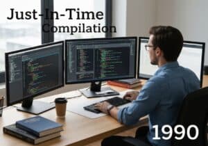 Software engineer optimizing JIT compilation in a modern workspace.