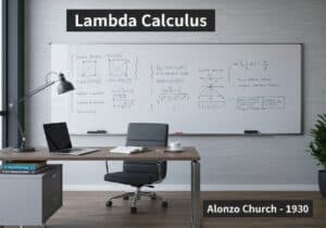Modern office setting with lambda calculus equations and functional programming resources.