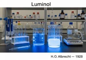 Expérience de chimiluminescence avec le luminol en chimie analytique.