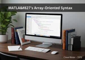 Computer workstation with MATLAB interface showcasing array-oriented syntax in numerical analysis.