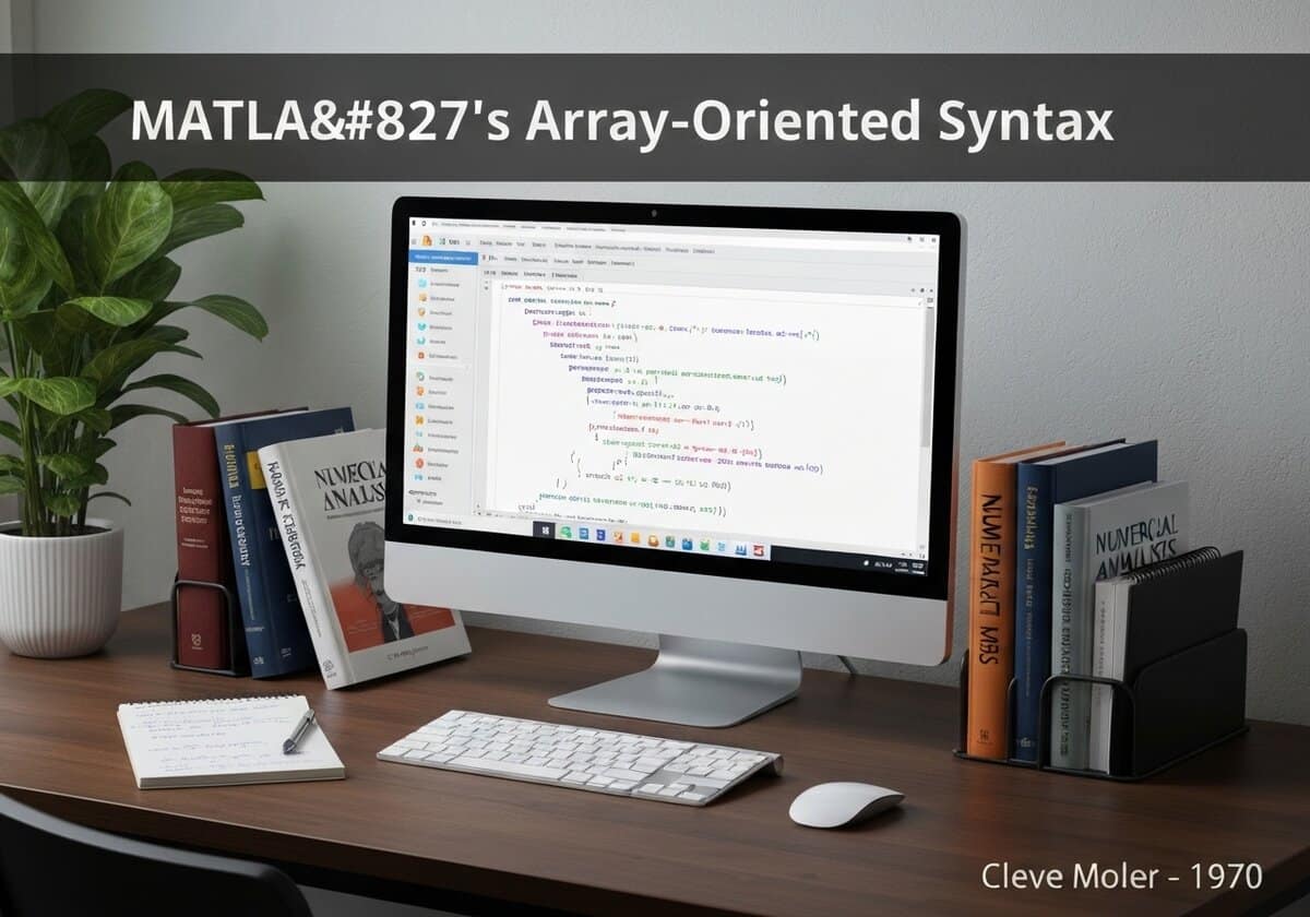 Computer workstation with MATLAB interface showcasing array-oriented syntax in numerical analysis.