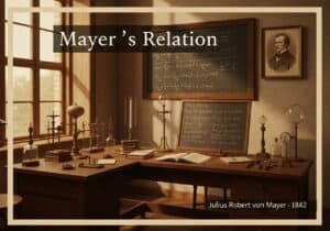19th century laboratory with thermodynamic instruments and Mayer's relation equations.