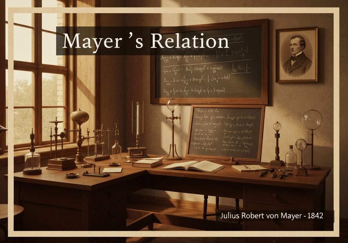 19th century laboratory with thermodynamic instruments and Mayer's relation equations.