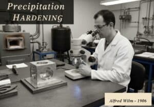Metallurgist analyzing aluminum alloy sample demonstrating precipitation hardening effects.