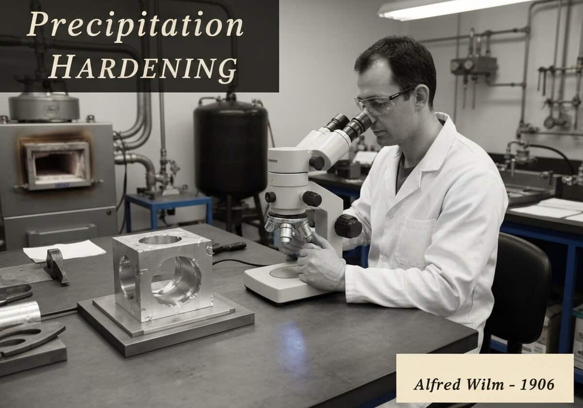 Metallurgist analyzing aluminum alloy sample demonstrating precipitation hardening effects.