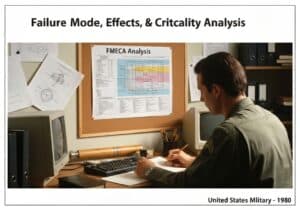 Military engineer analyzing FMECA chart in 1980s workspace for reliability assessment.