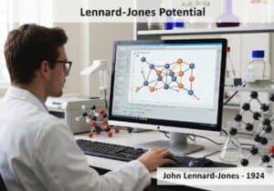 Laboratory scene with scientist performing molecular dynamics simulations using Lennard-Jones potential.