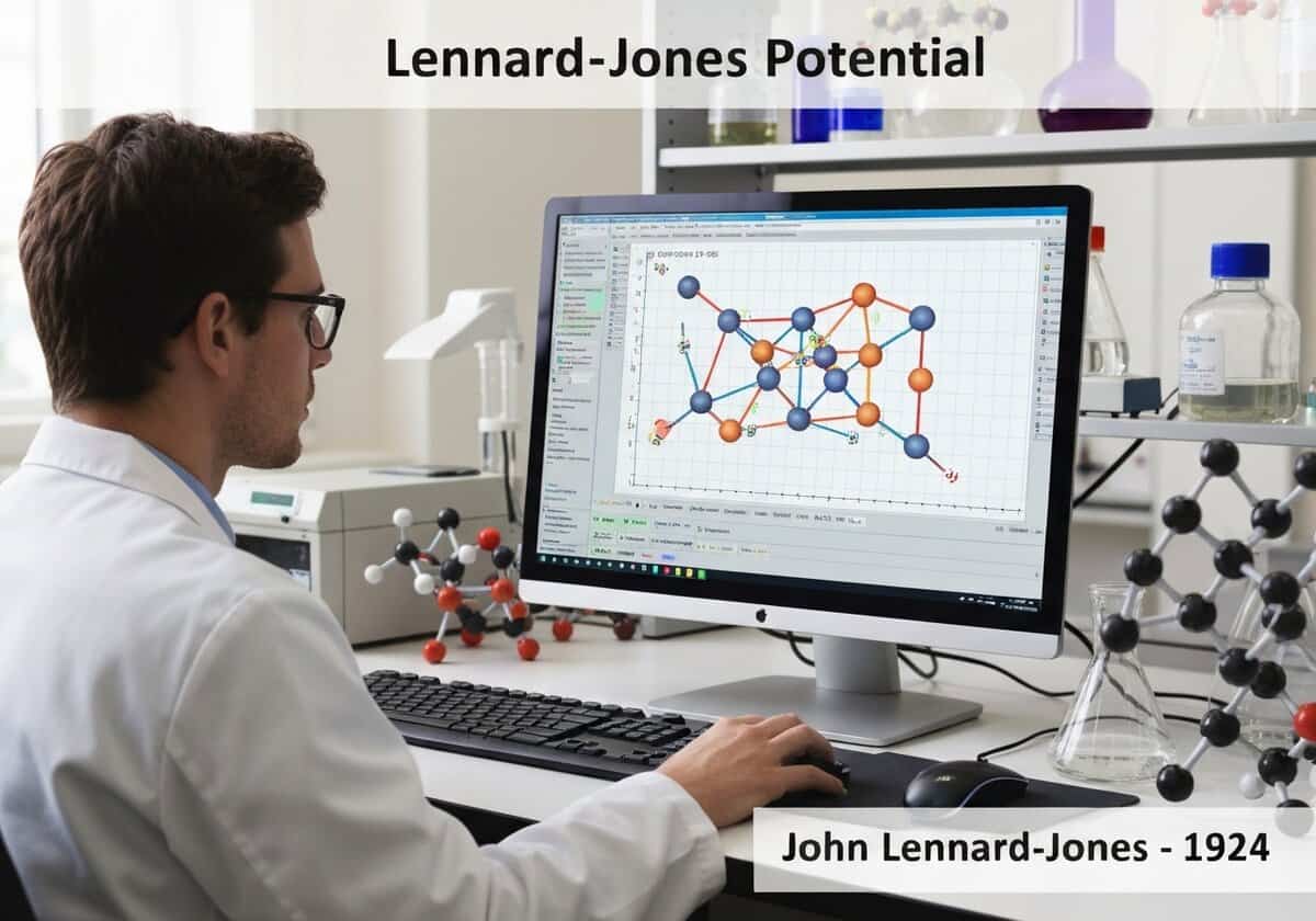Laboratory scene with scientist performing molecular dynamics simulations using Lennard-Jones potential.