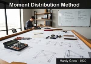 Civil engineering office with structural analysis drawings and tools for Moment Distribution Method.