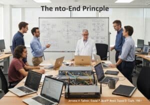 Team of computer scientists designing network architecture based on end-to-end principle.