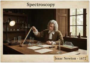 Isaac Newton conducting spectroscopy experiments with prisms and light in a historical laboratory.