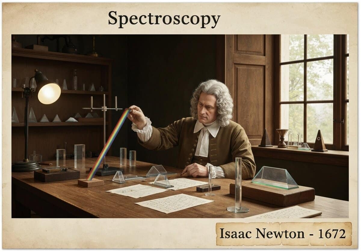Isaac Newton conducting spectroscopy experiments with prisms and light in a historical laboratory.