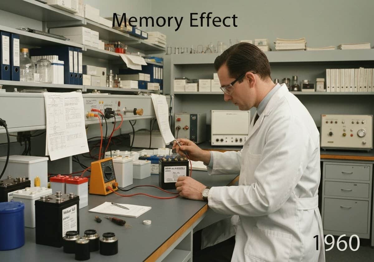 Tecnico che misura la tensione della batteria NiCd nel laboratorio di elettrochimica del 1960.