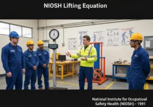 Occupational health professional demonstrating NIOSH Lifting Equation in industrial setting.