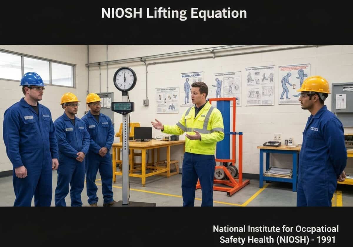 Occupational health professional demonstrating NIOSH Lifting Equation in industrial setting.