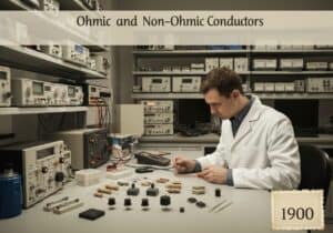 Technician measuring current-voltage characteristics of ohmic and non-ohmic electrical components in a lab.