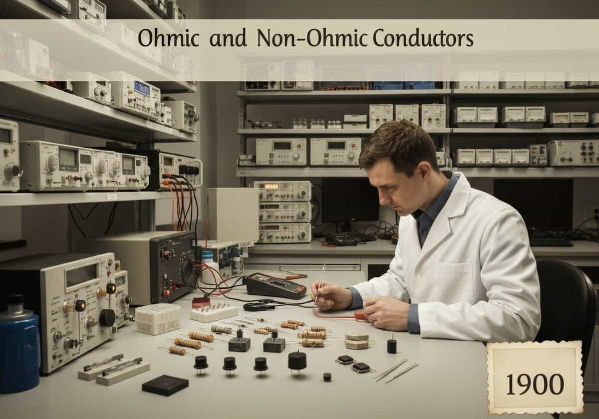 Technician measuring current-voltage characteristics of ohmic and non-ohmic electrical components in a lab.