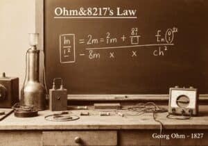 Laboratory setup illustrating Ohm's Law with electrical components and a chalkboard.