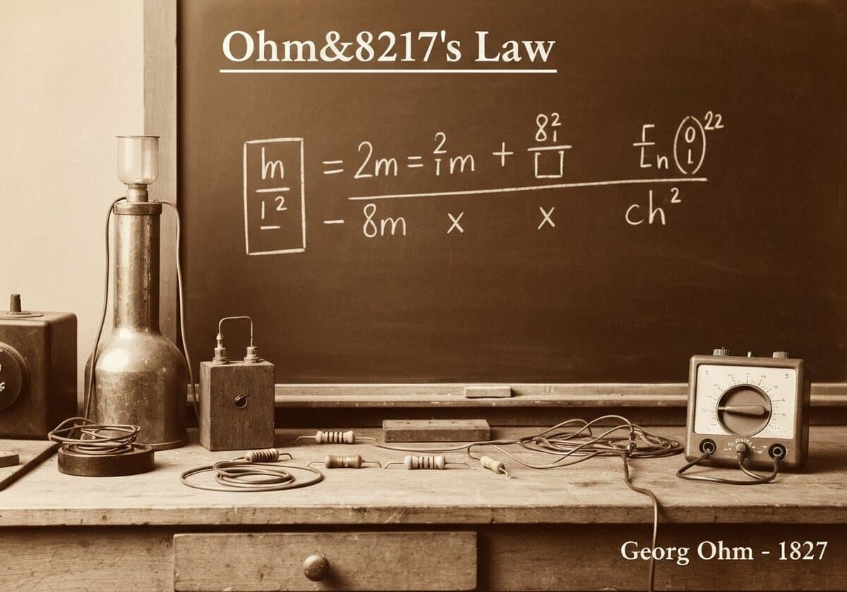 Laboratory setup illustrating Ohm's Law with electrical components and a chalkboard.