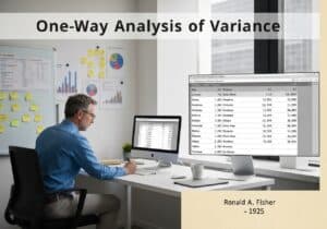 Statistician analyzing one-way ANOVA results in a modern office setting.