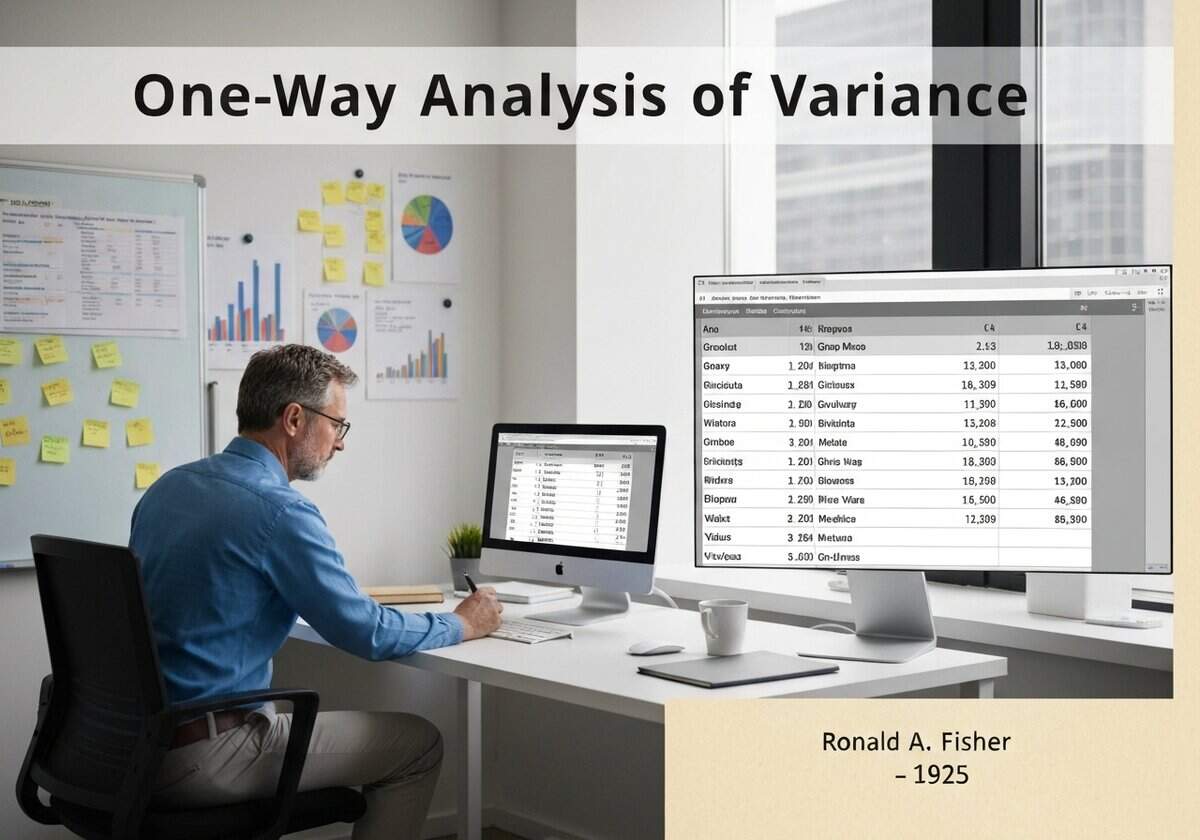 Statistician analyzing one-way ANOVA results in a modern office setting.