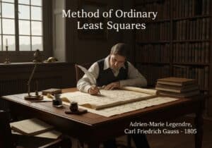 Historical office scene depicting the Method of Ordinary Least Squares in mathematical statistics.