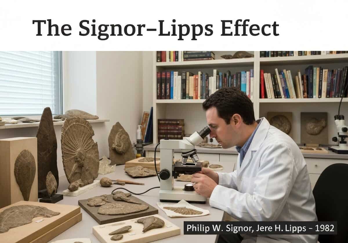古生物学家在实验室分析化石标本，重点研究物种灭绝事件。.