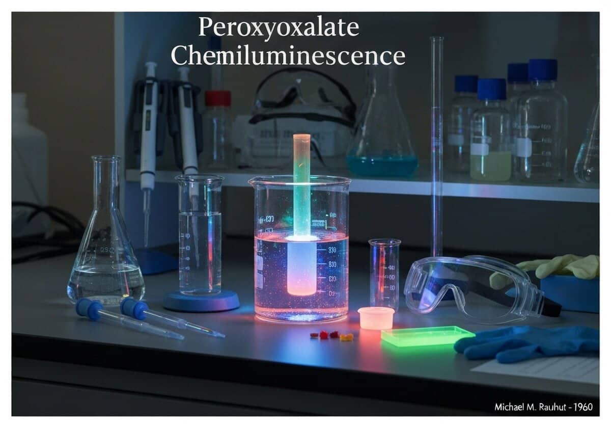 Installation de laboratoire pour la réaction de chimiluminescence du peroxyoxalate en chimie organique.