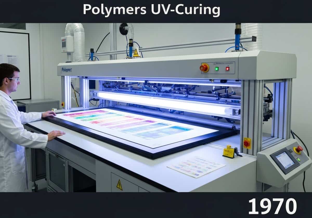Máquina de curado UV que cura tintas en un laboratorio, aplicación de química de polímeros.