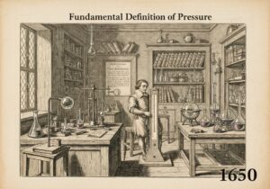 17th-century laboratory measuring pressure with a manometer in fluid mechanics.